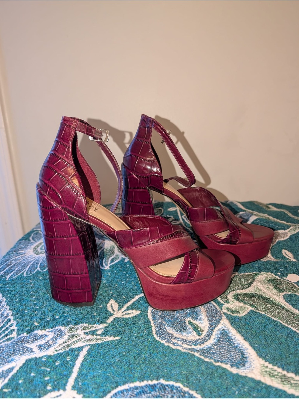 Vince Camuto Croc-Embossed Platform Sandals in Burgundy